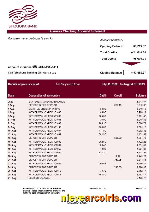 Shizuoka Bank organization checking account statement